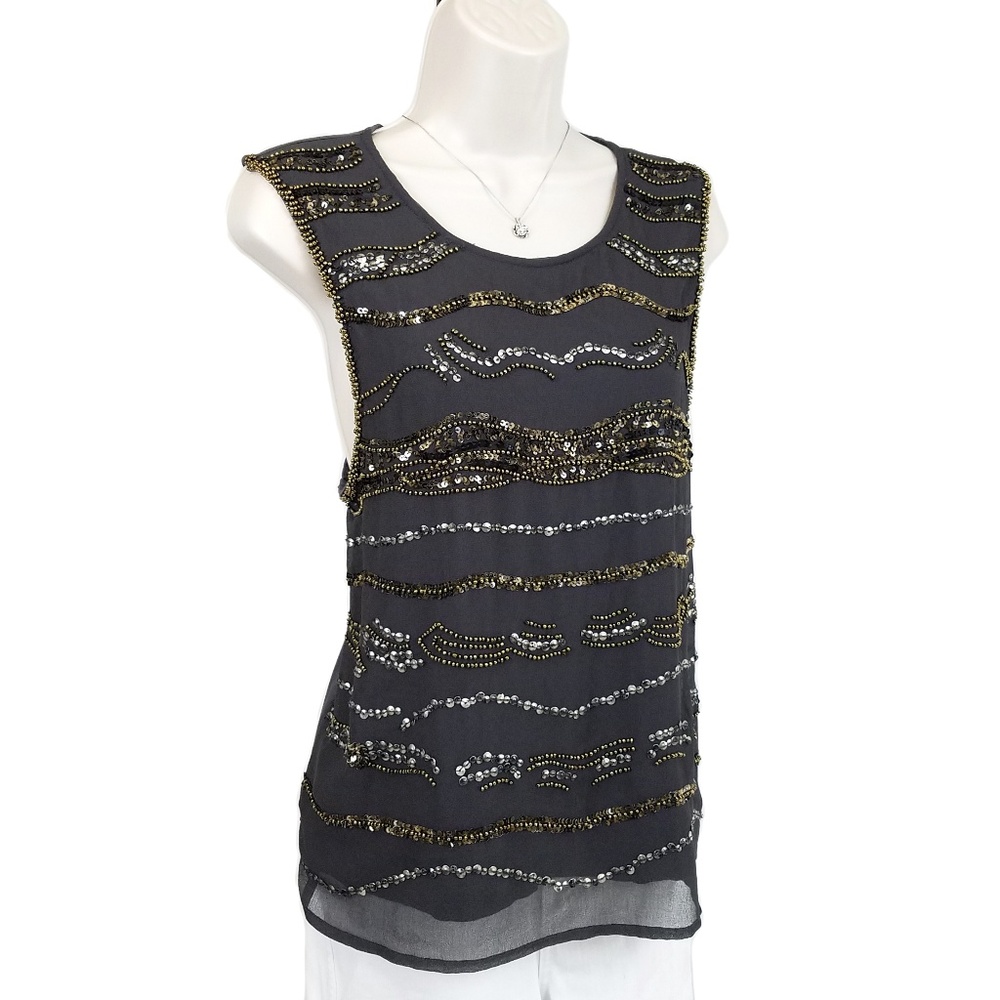 BKE Boutique tank top beads sequins gray L